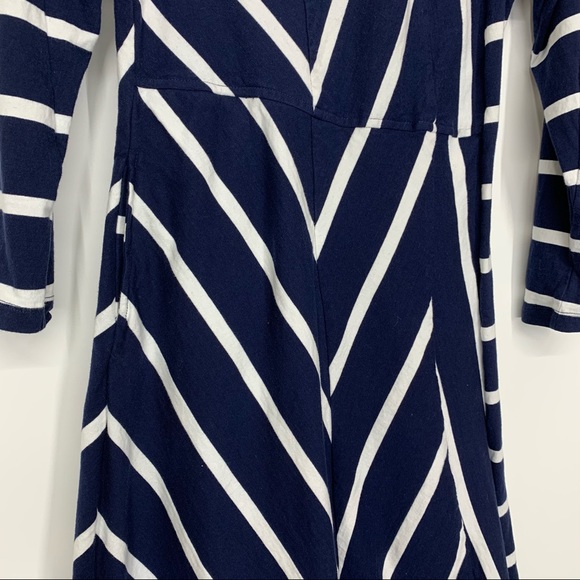 EShakti Asymmetrical White Striped Navy Cotton Spandex Flared Dress W/ Sleeves - Picture 3 of 16